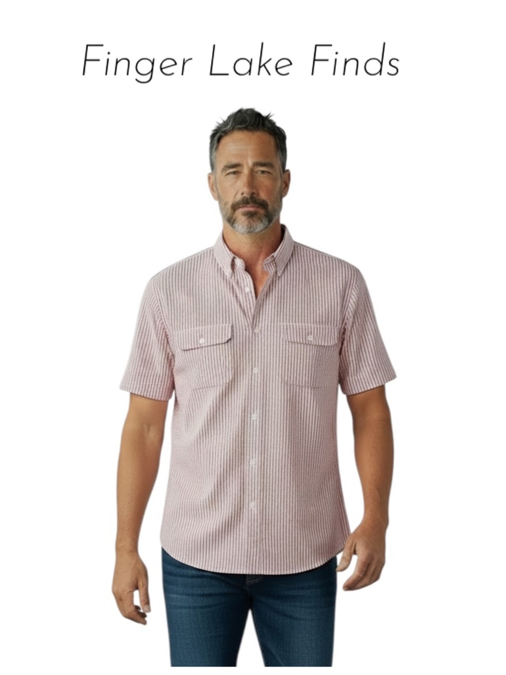 Lands' End Pinstripe Outrigger Button Front Short Sleeve Shirt, L ( 16-16 1/2)